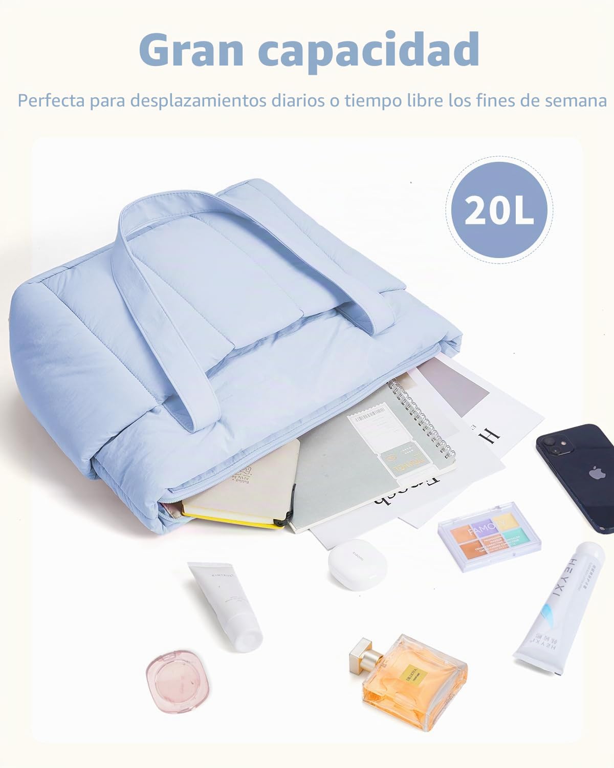 Narwey Bolso Tote Mujer Acolchado Grande, Puffer Tote Bag de Trabajo y Deporte con Cremallera y Compartimentos para Portátil, Bolso de Mano y Hombro Ligero para Escuela, Universidad y Viaje