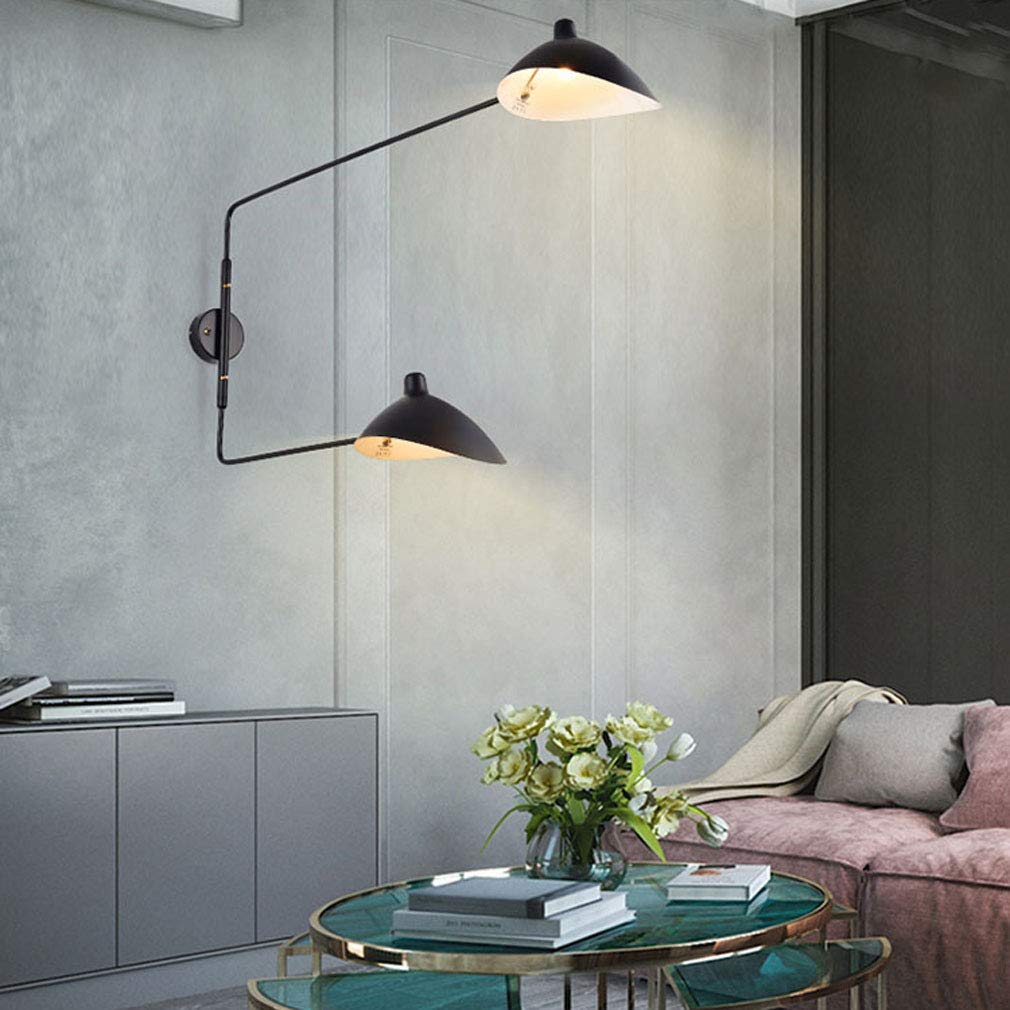 2 Luci Lampada da Parete Moderna con Braccio Lunga Regolabile Metallo Applique da Parete Interno Classico con Spina Interruttore Cavo Luce da Muro Retro Industriale Design Camera da Letto E27 Nero