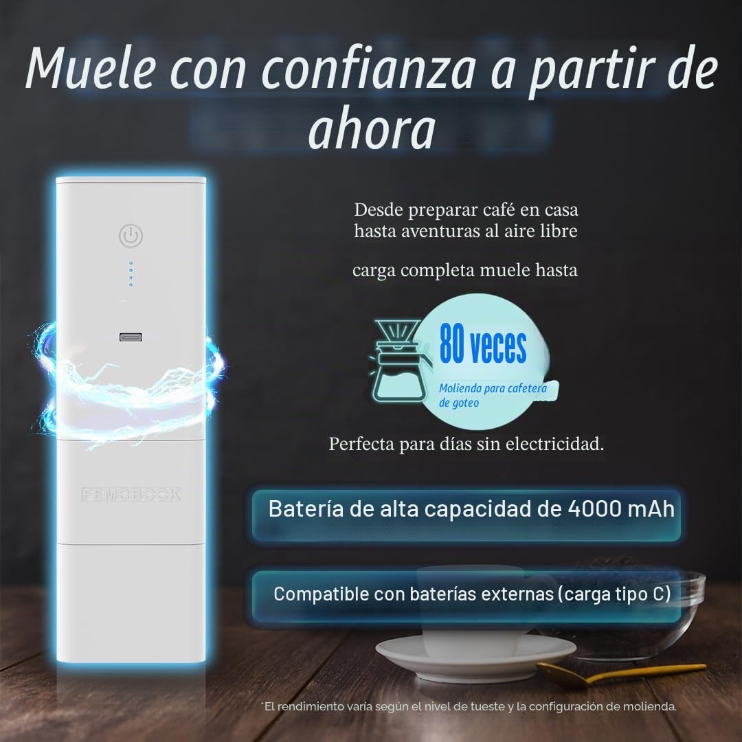 A2 Molinillo de café eléctrico portátil blanco | Molinillo de café inalámbrico recargable por USB, para viajes y preparación en casa
