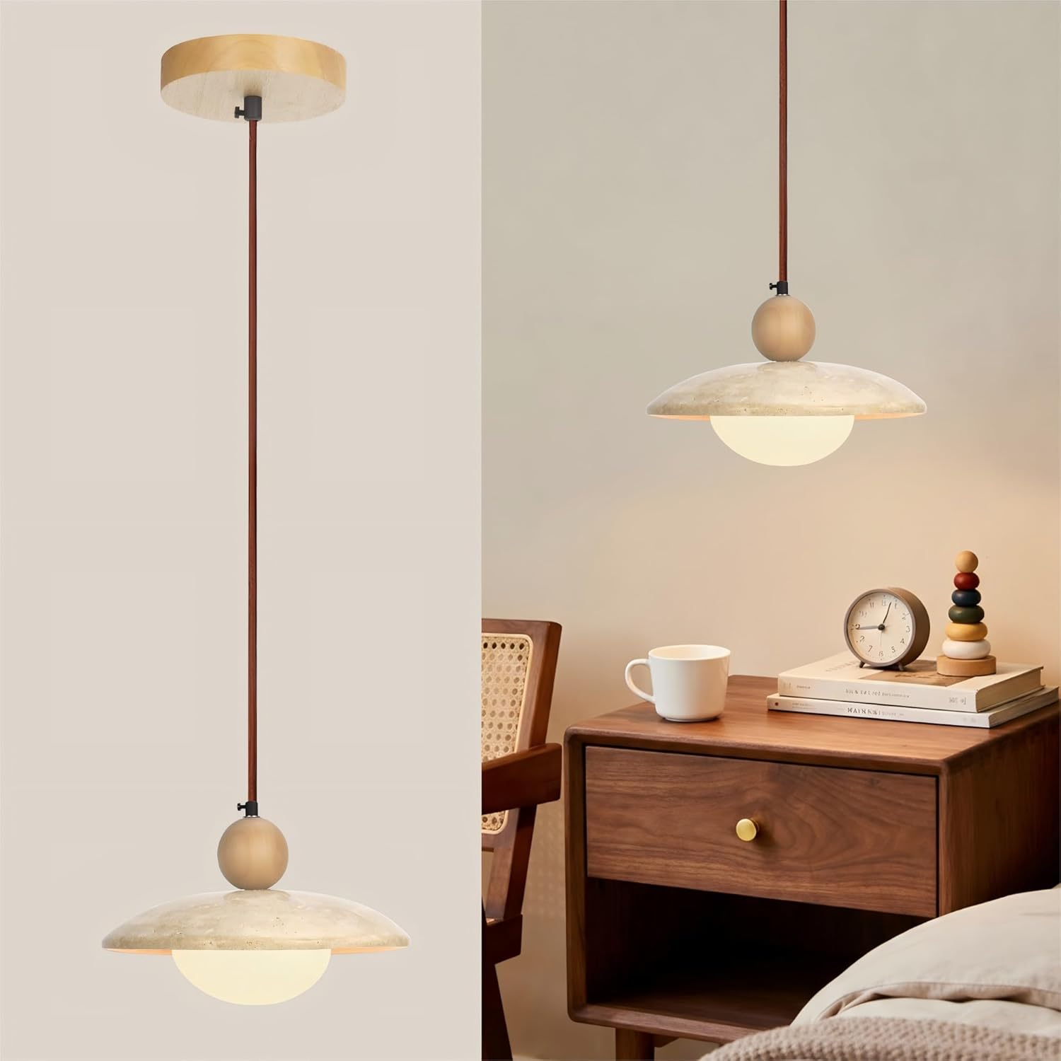 Wabi Sabi Pendant Light,Yellow Travertine Japandi Japanese Minimalist Stone Light Fixture,Adjustable Nordic Hanging Lamp for Kitchen,Bedroom,Vanity Japandi & Japanese Light Fixture(Natural wood color)