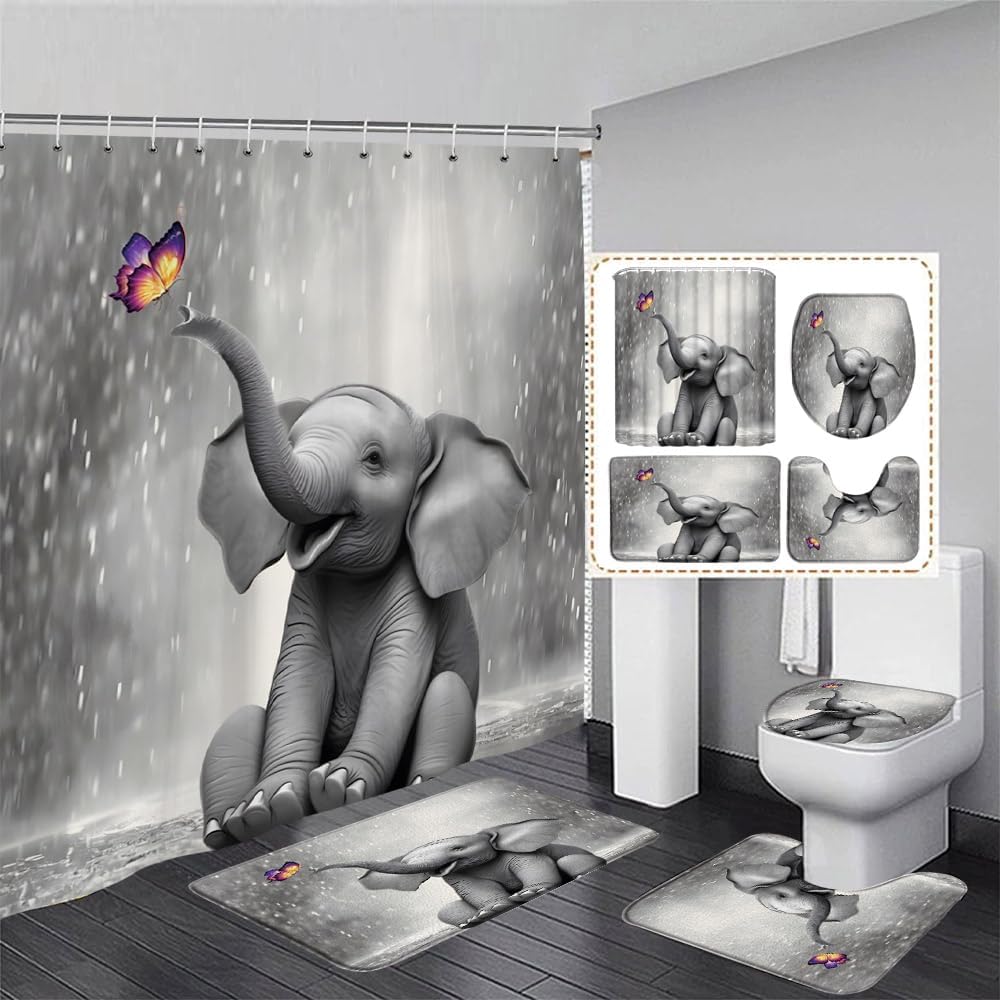 4Pcs Cute Elephant Shower Curtain Sets with Bath Rug U Shape Mat and Toilet Lid Cover Grey Animal Butterfly Funny Wildlife Modern Bathroom Decor Curtains Set with 12 Hooks