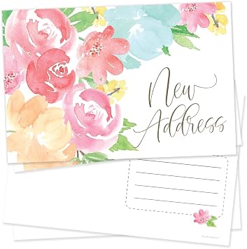 m&h invites 50 New Address Postcards - Bright Watercolor Flowers - Pretty Change Of Address Cards - Moving Announcement For New Home