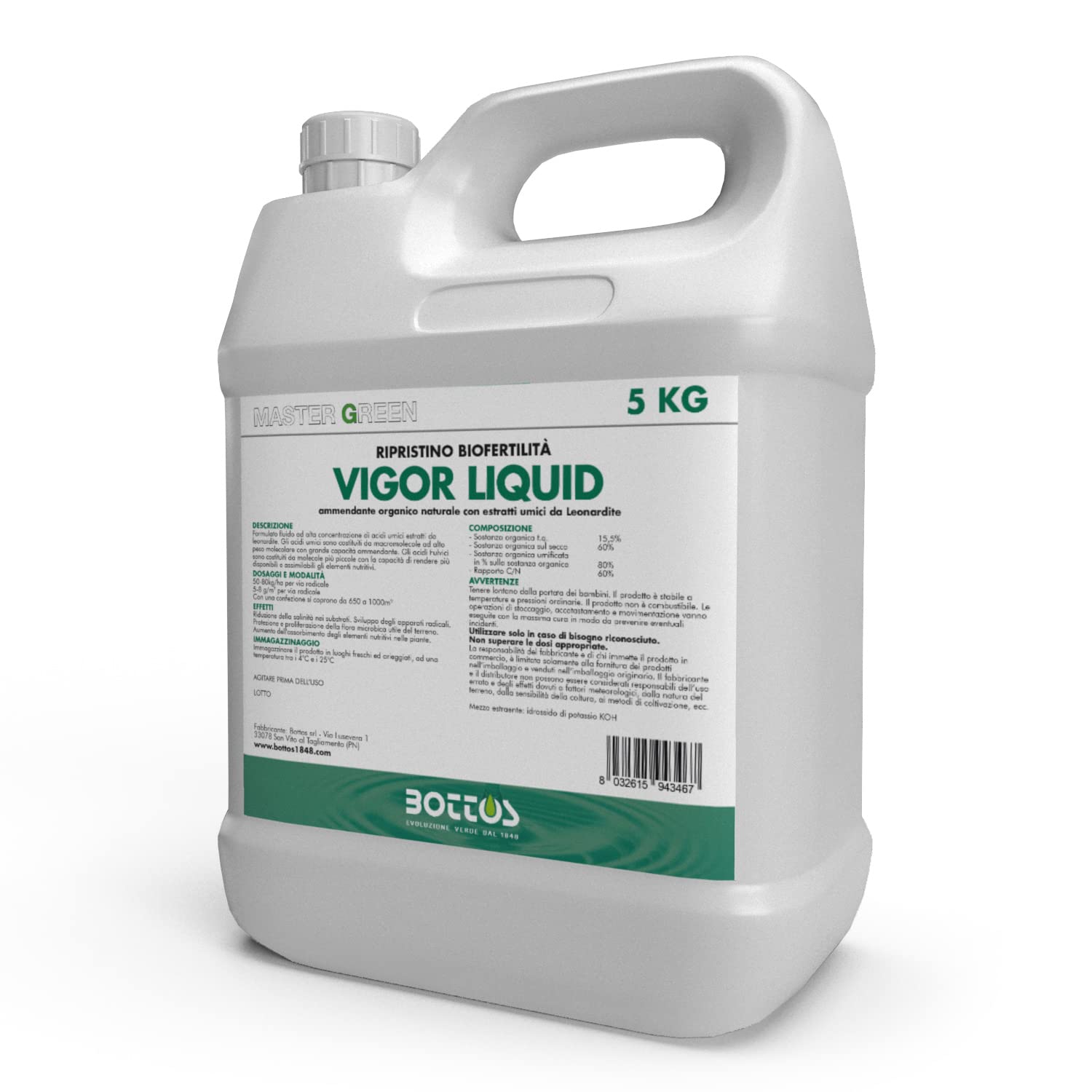 Bottos Vigor Liquid, Concime fertilizzante organico per prato, Biostimolante per tappeto erboso, utilizzabile tutto l'anno, aumenta la fertilità del terreno, aiuta la germinazione e lo sviluppo, 5kg