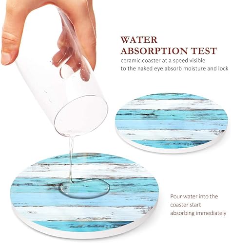 Miniatura 3 de Britimes Juego de 6 posavasos para bebidas, tablero de madera marrón y azul, tapete redondo absorbente de piedra de cerámica, con base de corcho y