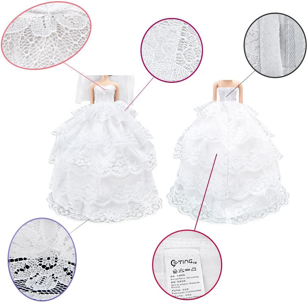 E-TING Handmade Wedding Evening Party Dress Clothes Gown Veil for Dolls (White)