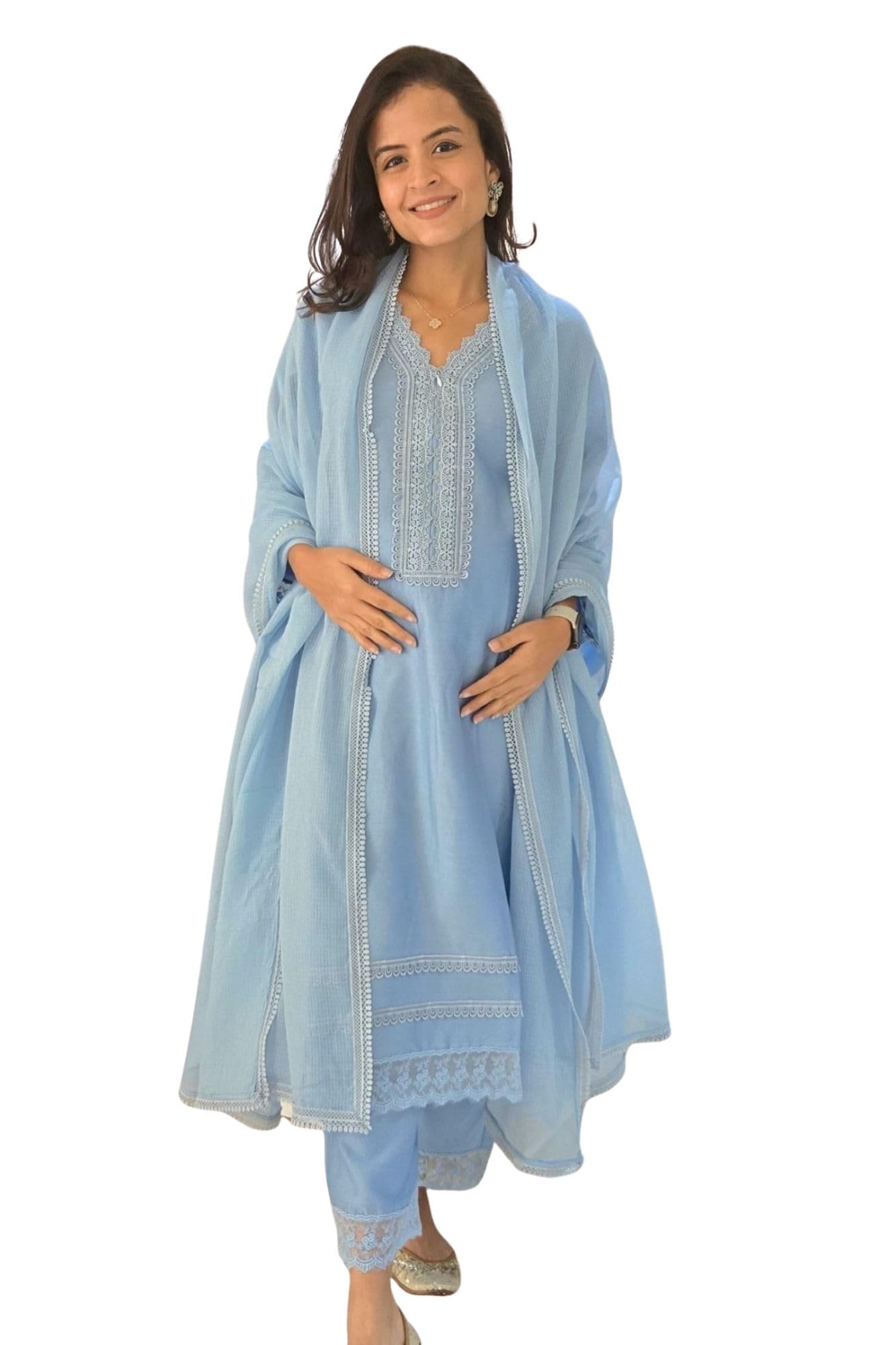 Pretty Ice Blue Maternity & Nursing Kurta Set with Bottom & Dupatta, 3 Piece Feeding Suit for Women-image-0