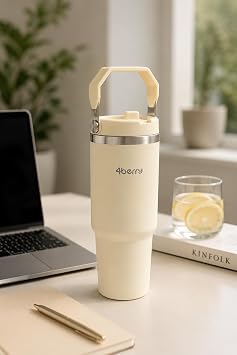 SS119 900 ml Çelik Termos Bardak Pipetli Kulplu Taşınabilir Su Matarası Krem