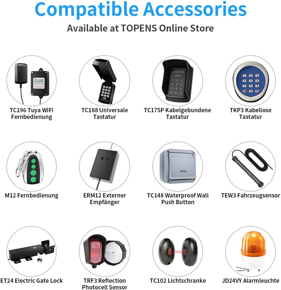 Grid of compatible TOPENS accessories including remote controls, keypads, sensors, and warning lights.