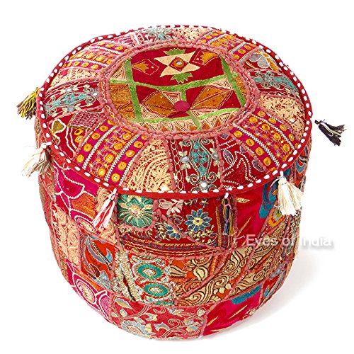 Eyes of India - 22 X 12 Red Patchwork Round Pouf Pouffe Ottoman Cover Floor Seating Bohemian Accent Boho Chic Indian Handmade