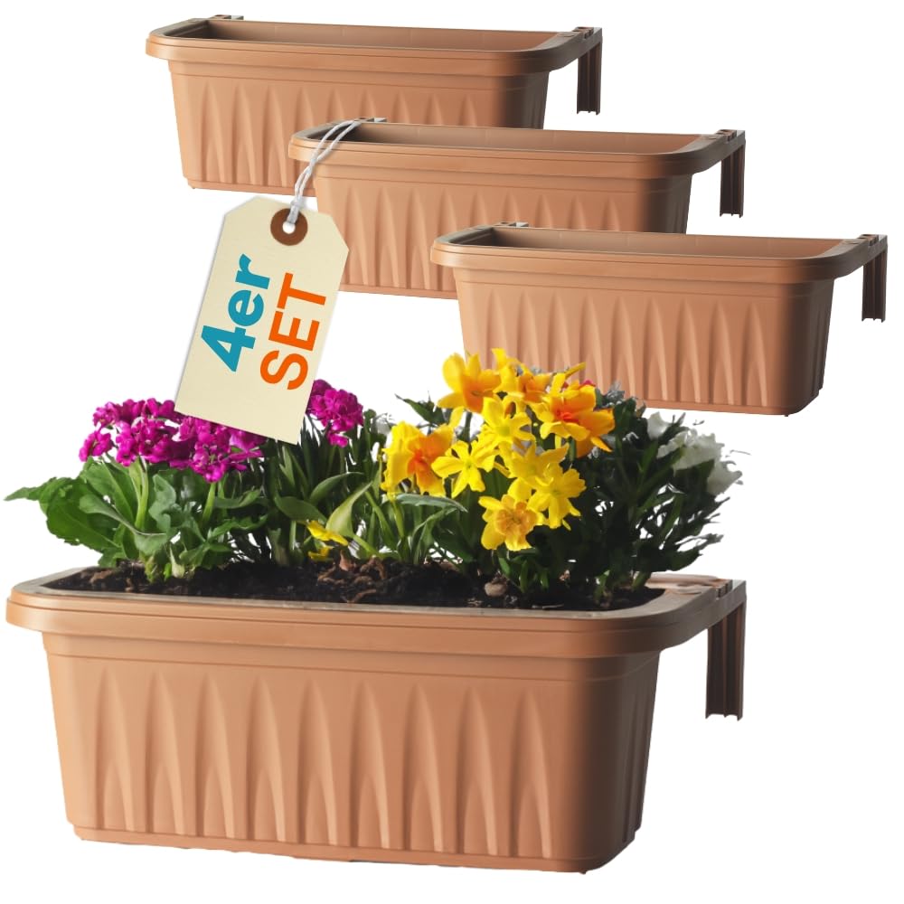 GarPet 4er Set Blumenkasten Balkongeländer Balkon Blumenkasten Balkonkasten mit Halterung Balkonkasten Geländerkasten mit Wasserspeicher 50 cm Terrakotta