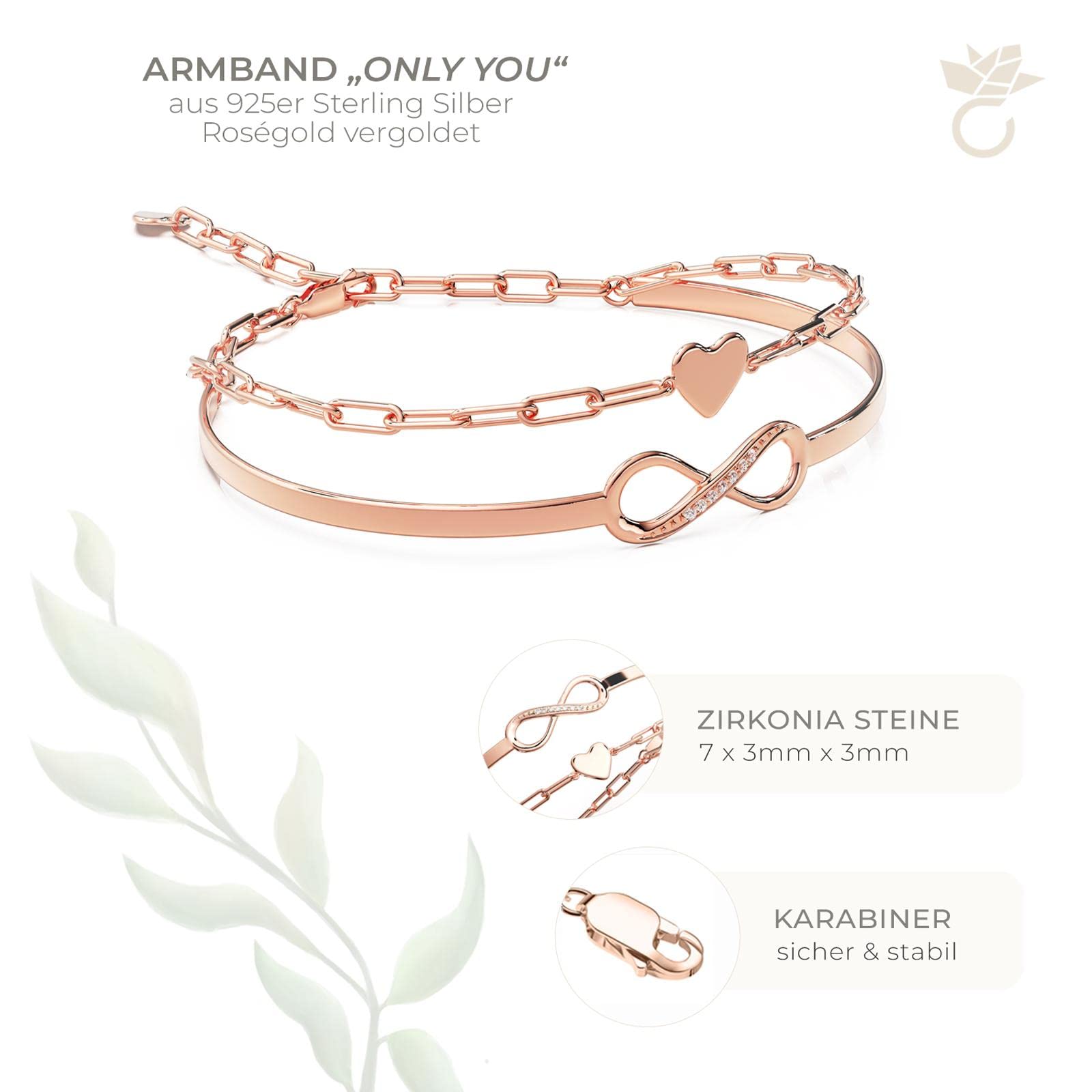 Amoonìc Damen Infinity Armband Only You aus Silber 925 oder vergoldet | Mit Zirkoniasteinen, Unendlichkeits Silberarmband mit gravierbarem Herz