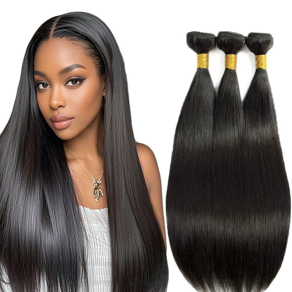 View 1 of **MISSING ONE BUNDLE***24 24 24 Inch Straight Bundles Human Hair 3 Bundles Brazilian Remy Hair 50 Grams/Bundle 10A Grade Unprocessed Virgin Hairs #1B Natural Black Color Straight Bundle Weaves Hair Extensions