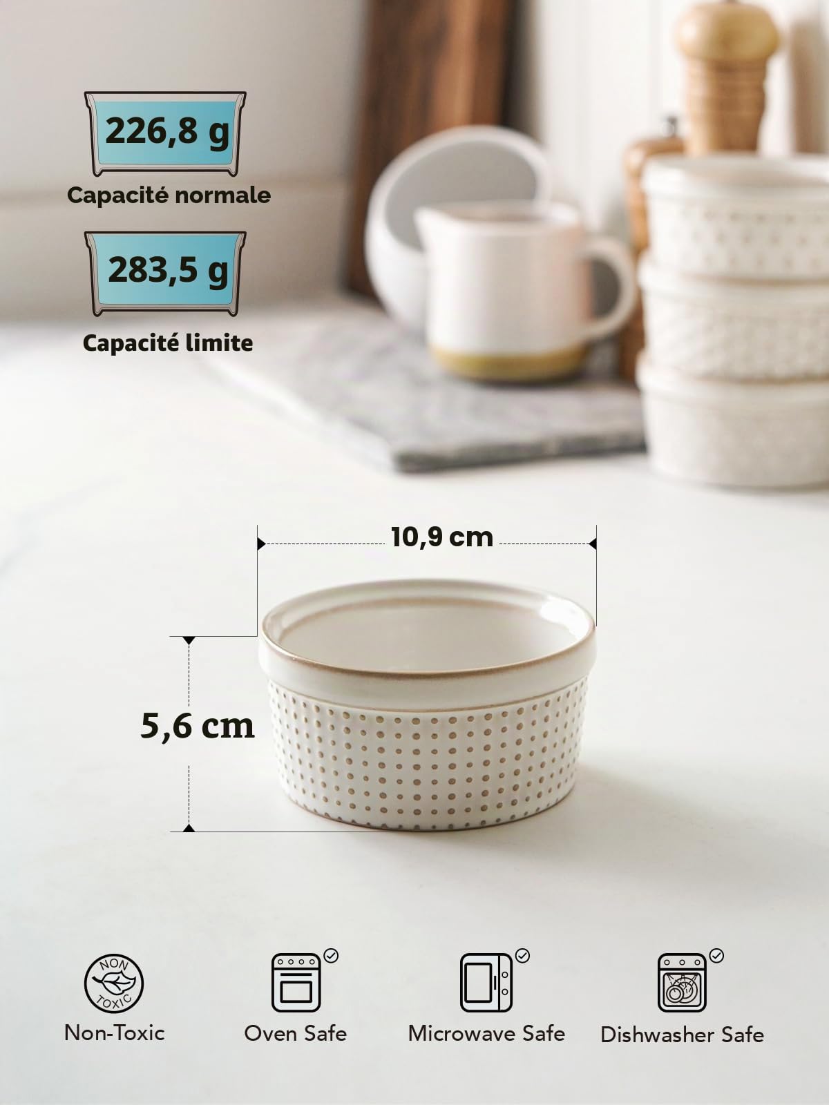 LE TAUCI Lot de 4 ramequins de 236ml pour crème brûlée, gâteau de lave, pudding, soufflé, tarte en céramique, passent au four, 10,9 cm, blanc arctique