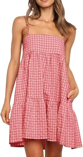 Wenrine Womens Summer Plaid Mini Dress Spaghetti Strap Beach Sundress