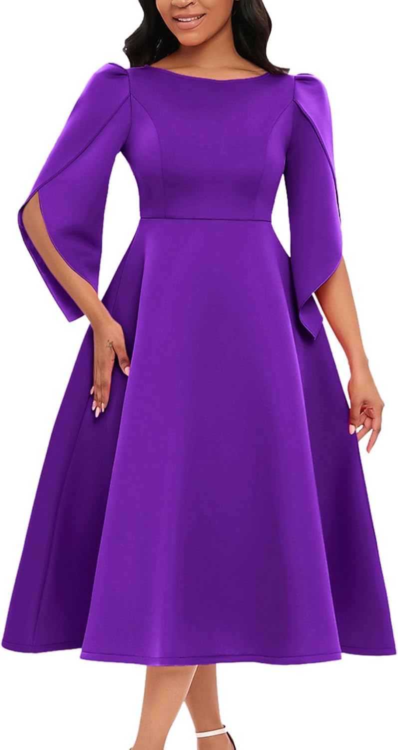 SOMTHRON Women's Elegant 3/4 Petal Sleeve Long Maxi Dress Crewneck A-Line Pleated Swing Formal Cocktail Party Dress
