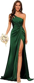 Women's One Shoulder Ruched Bridesmaid Dresses Long with Slit Satin Formal Prom Dress VS117