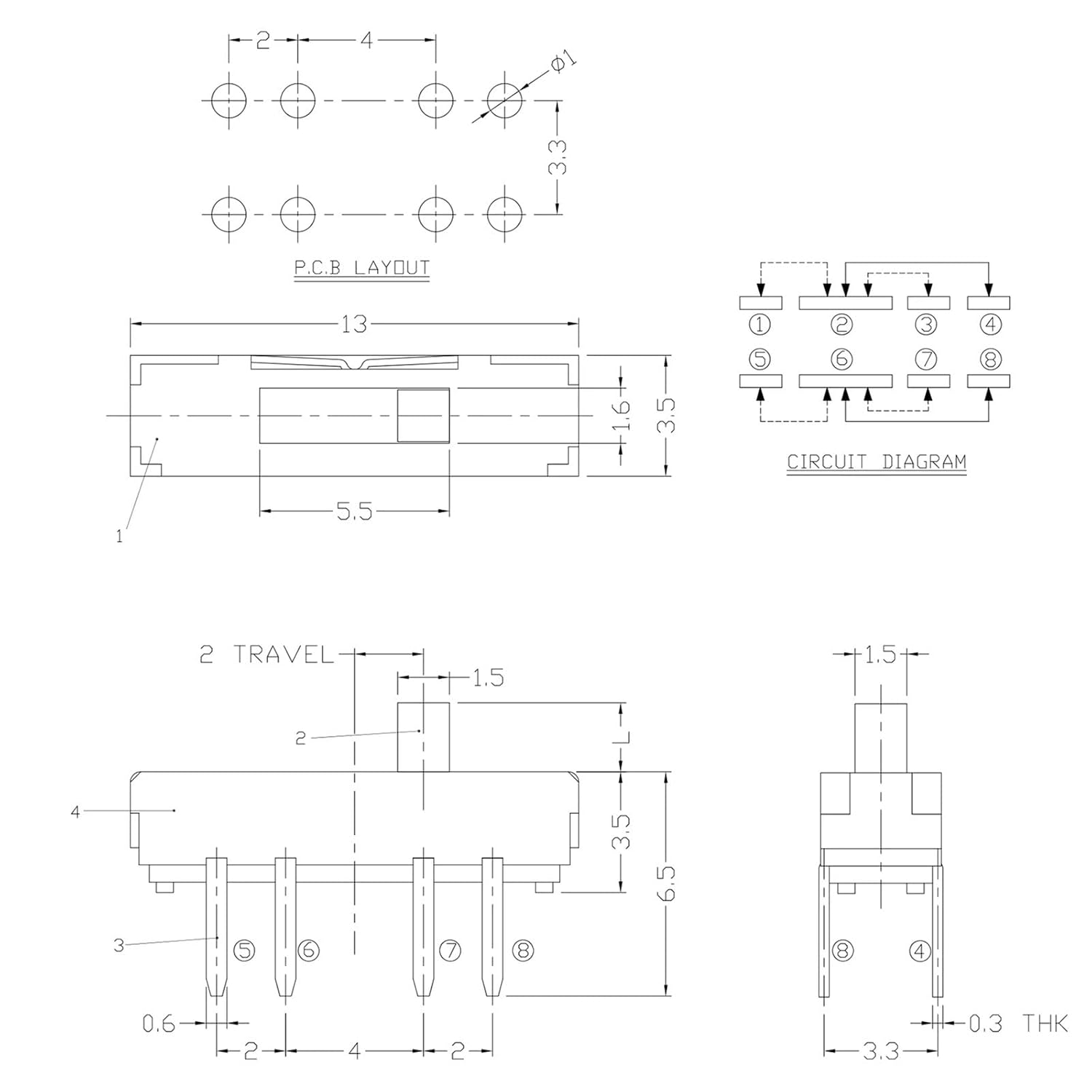 23D18 8Pin DIP Mini Slide Switch 3Position Toggle 2P3T 13x3.5X3.5mm H=2/3/4mm Horizontal 10Pcs(H 4MM)
