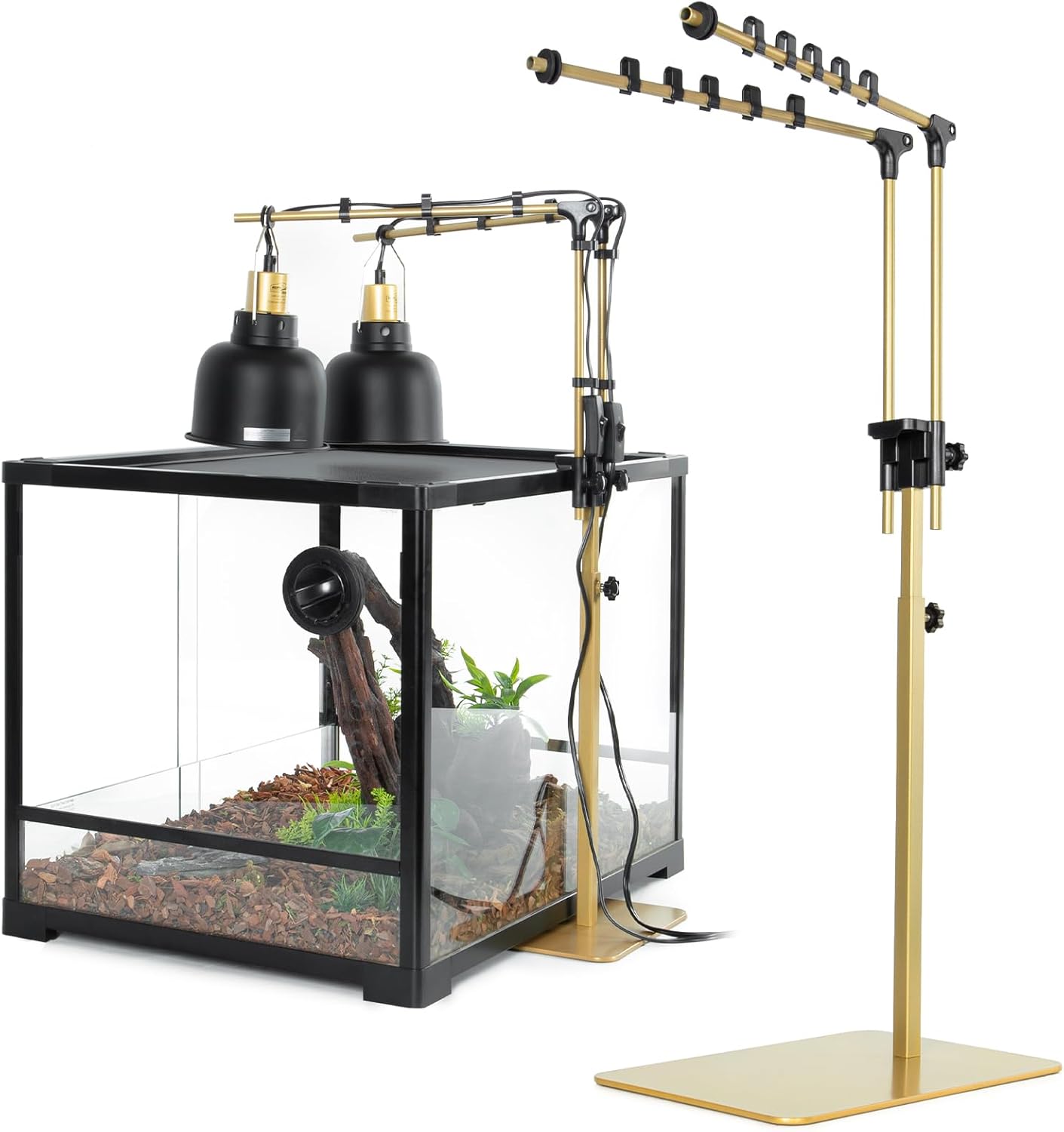 Metal Dual Reptile Lamp Stand, 17.8"-36.2" Adjustable Tall Heat Lamp Stand, Retractable Reptile Light Stand, Aquarium Terrarium Light Holder for Bearded Dragon Turtles Snake Chicks-Glod