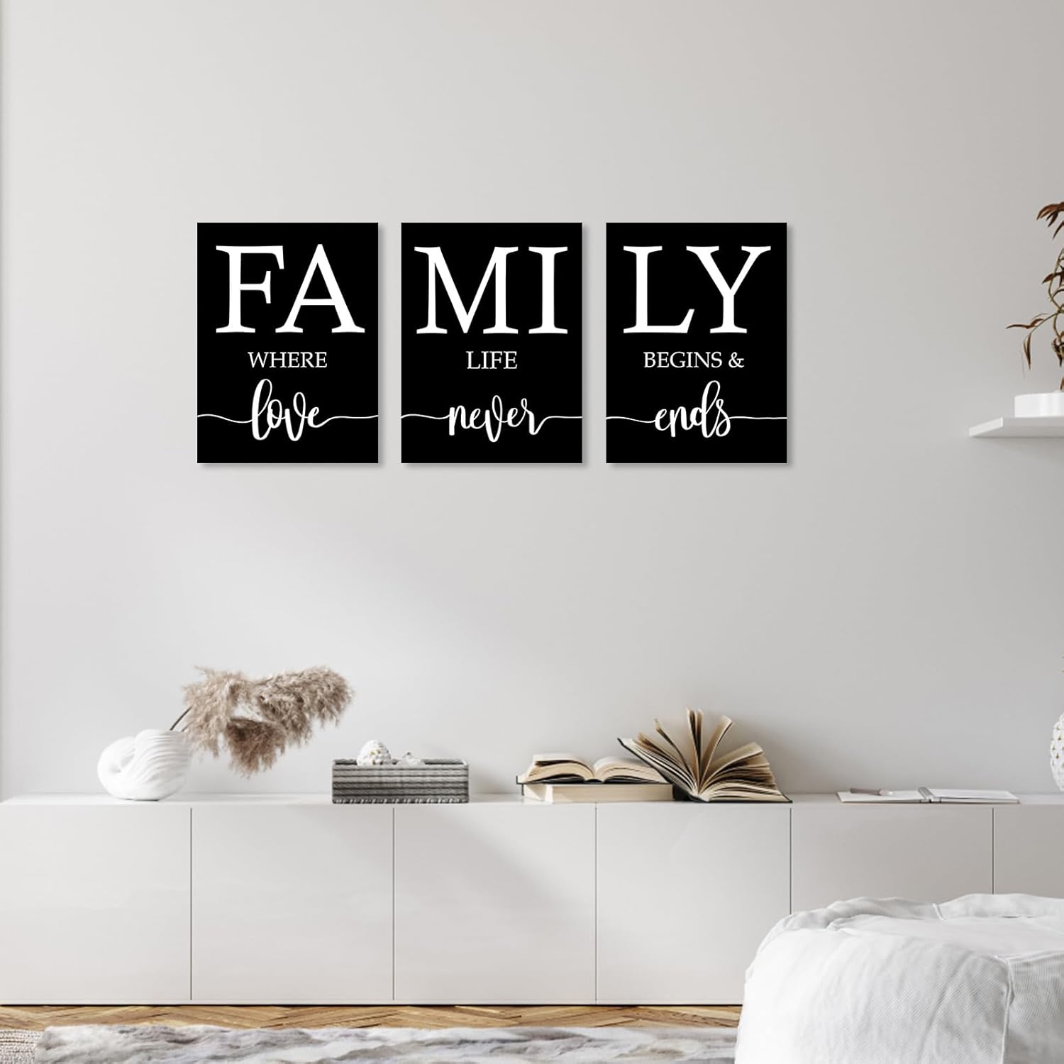 Family Where Life Begins And Love Never Ends Wall Art:3 Piece Love Quotes Wall Decor Above Bed,Modern Minimalist Family Signs Country Farmhouse Decor for Living Room Bedroom 12"x16"