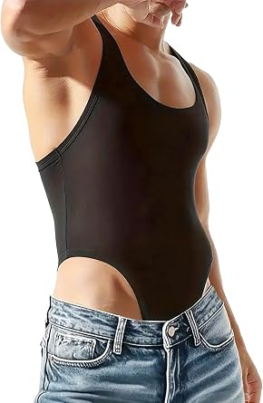 MIZOK Mens Ribbed Slimming Shapewear Racerback Bodysuit Leotard Compression One Piece Wrestling Singlet Black S
