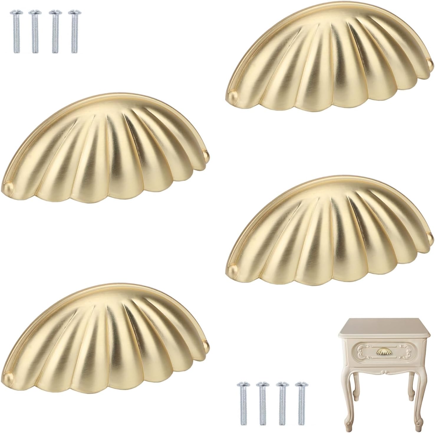 Shell Cup Handles Vintage Semi Circle Cabinet Knobs for Furniture Kitchen Cupboard Dresser Drawer Door Decorative Knob Double Hole Drawer Pulls 4 Pcs (Gold)