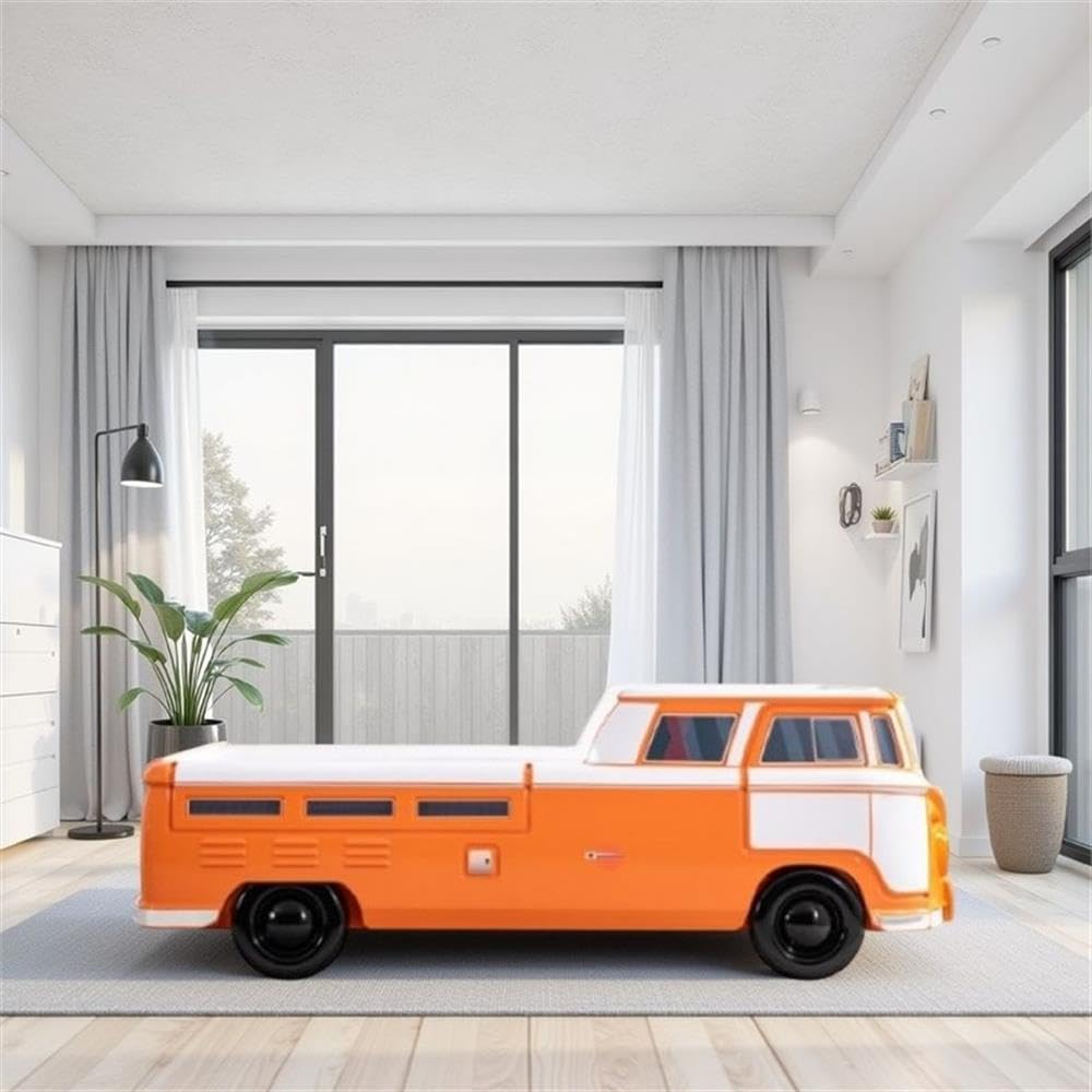 Pemberly Row Peace Bus Twin Bed, Orange Finish, ABS and Engineered Wood, Built-in LED Headlights and Sound Effects, Novelty Retro Design, Mattress-Ready Adventure Bed for Kids' Bedroom
