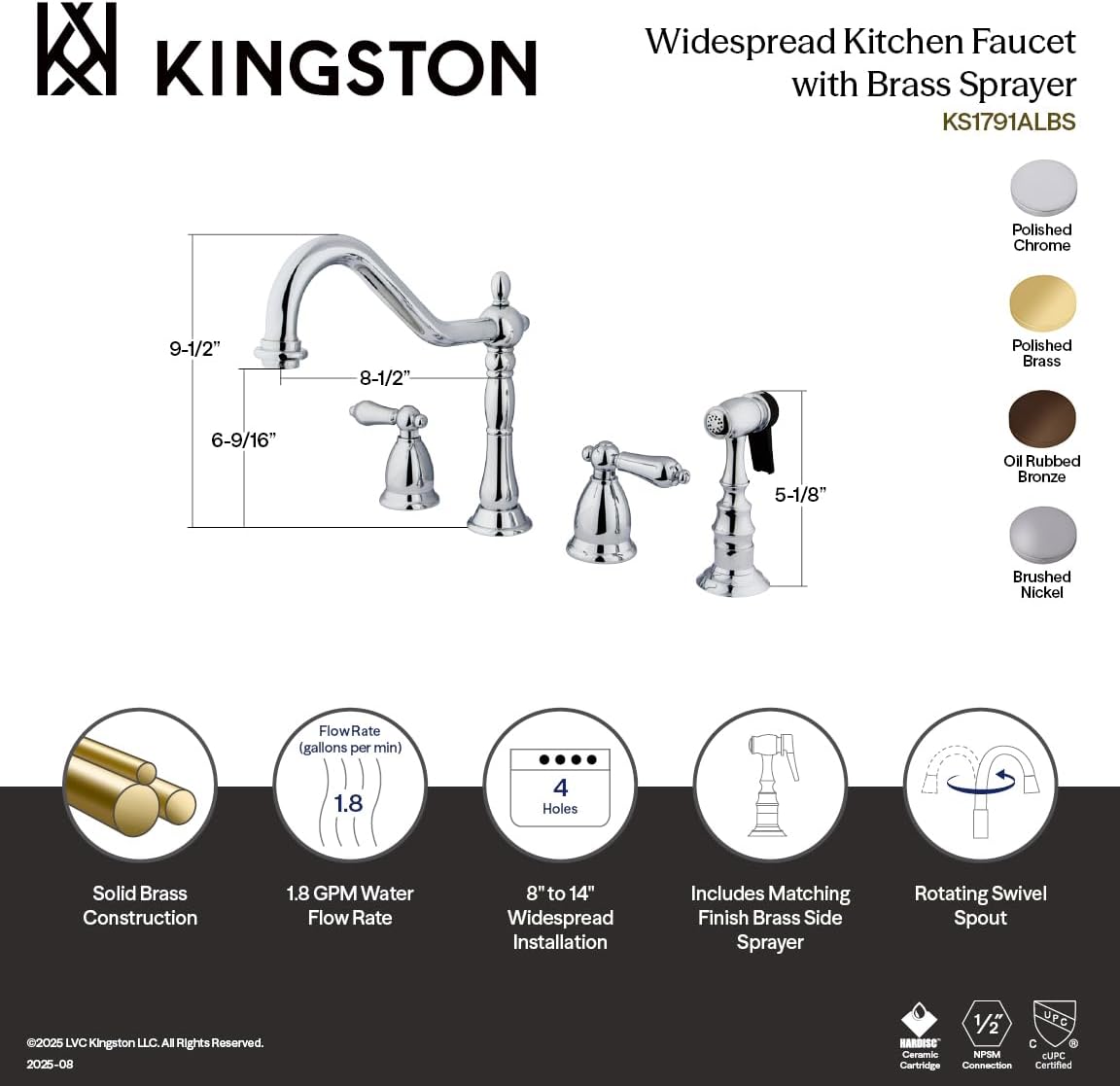 Kingston Brass KS1792ALBS Widespread Kitchen Faucet, Polished Brass