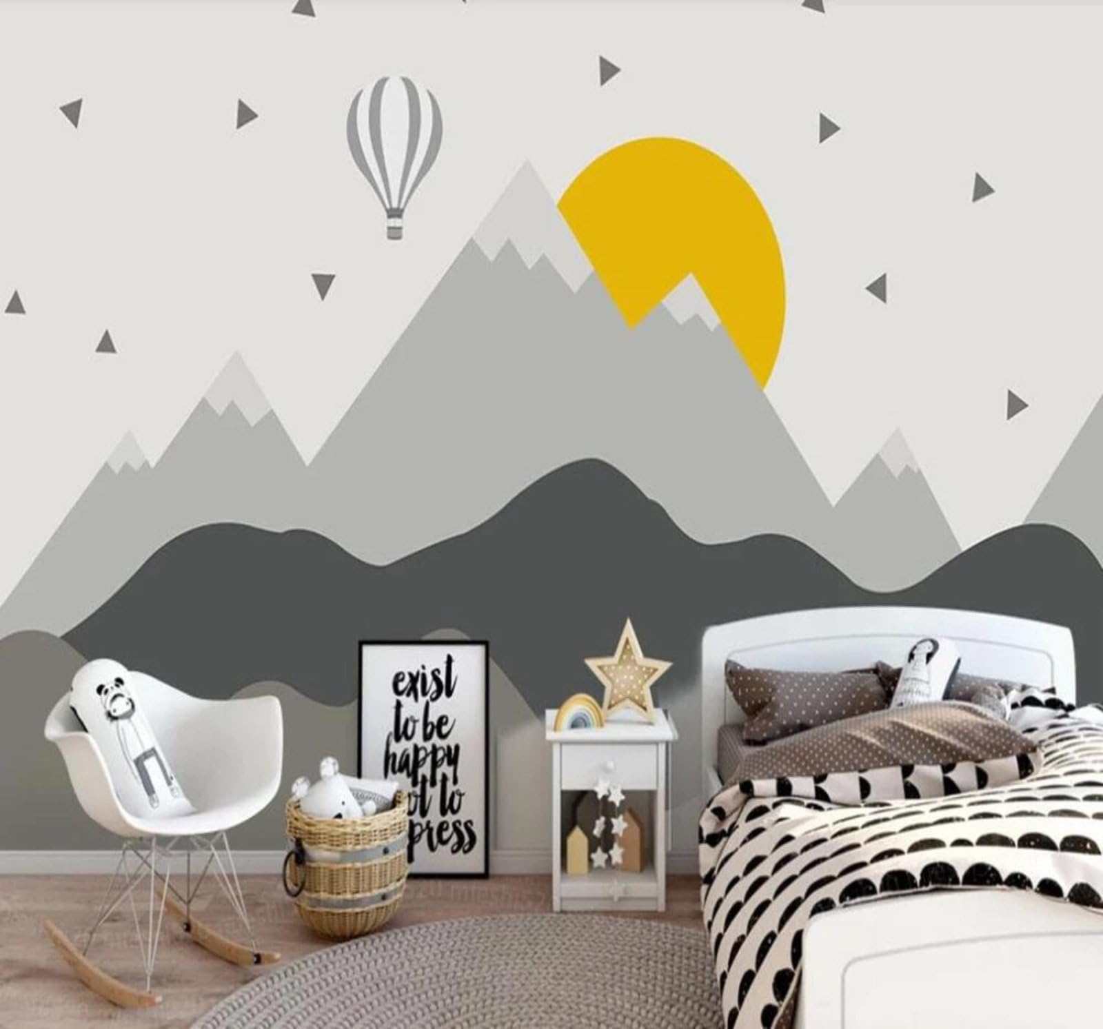 Tzxztt 350Cm×256Cm(B×H) Cartoon Creative Hand Drawn Geometric Mountain Peaks Hot Air Balloon Modern 3D Wallpaper Premium Textured Silk Neutral Tones Material Ideal For Living Room Bedroom-350Cm×256Cm