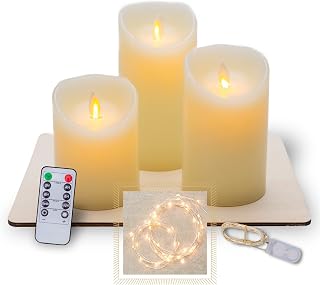 Lovley Lites Set of 3 LED Pillar Candles - 4,5,6 Inch Tall Flickering Flameless Candles + Wire Fairy Lights + Wood Tray, Safe Elegant Smart Battery Candles with Remote Control