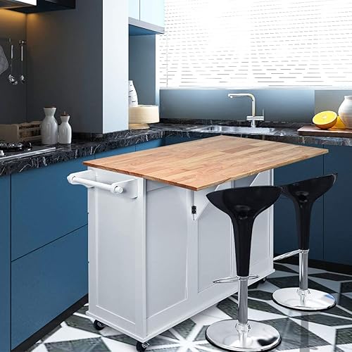 Miniatura 9 de Moccha - Carrito de isla de cocina con mesa de hojas caídas isla de cocina rodante con armario grande 3 cajones estante de especias toallero carrito