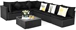 COSTWAY 7 Pieces Patio Furniture Set, Outdoor Rattan Conversation Set with 6 Seats, Coffee Tea Table, Soft Cushions, Wicker Patio Sectional Sofa for Garden Balcony Porch Poolside (Black)