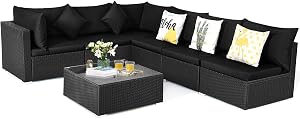 COSTWAY 7 Pieces Patio Furniture Set, Outdoor Rattan Conversation Set with 6 Seats, Coffee Tea Table, Soft Cushions, Wicker Patio Sectional Sofa for Garden Balcony Porch Poolside (Black)