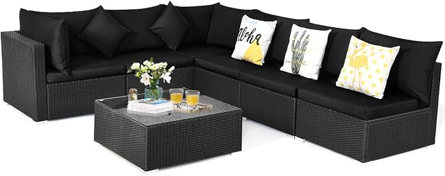 COSTWAY 7 Pieces Patio Furniture Set, Outdoor Rattan Conversation Set with 6 Seats, Coffee Tea Table, Soft Cushions, Wicker Patio Sectional Sofa for Garden Balcony Porch Poolside (Black)