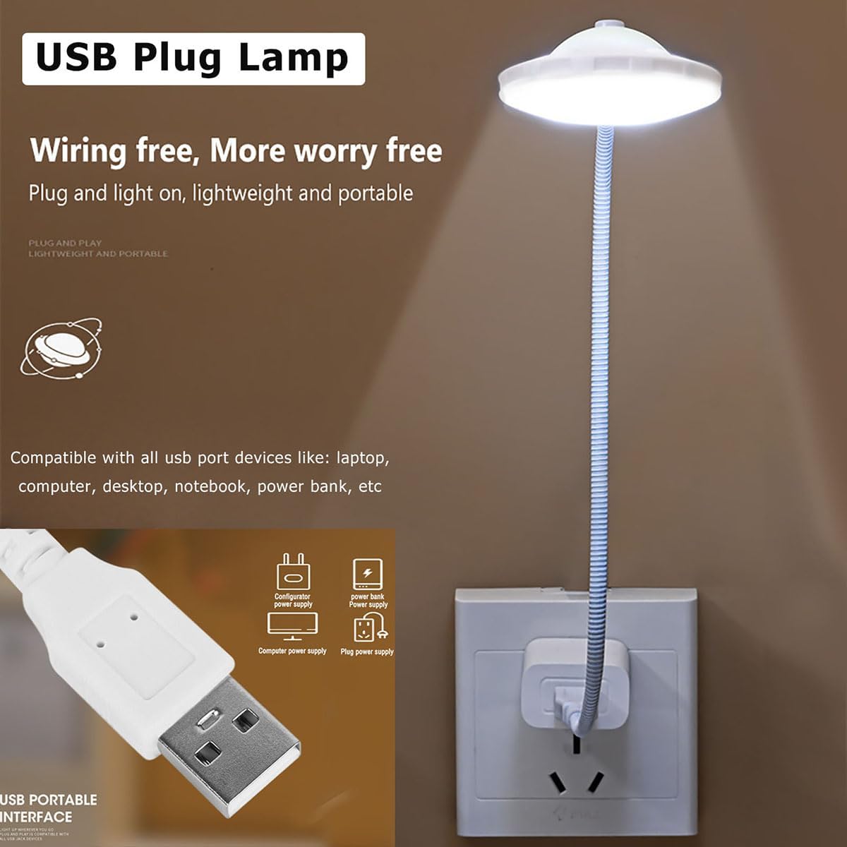 Usb Reading Lamp, Mini Flexible USB LED Nightlight for Computer Keyboard Laptop Notebook, Cute Ufo Shaped Children Kids Gifts Lamp + White/Warm Light Adjustable and On/Off Setting