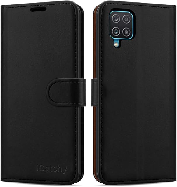 iCatchy For Samsung Galaxy A12 Case Leather Wallet Book Flip Folio Stand View Cover with Card Slots Compatible with Galaxy A12 5G (6.5'') (Black)