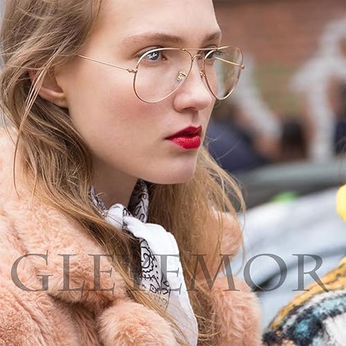 Miniatura 5 de Gleyemor Lentes clásicos de aviador con luz azul para mujeres y hombres, lentes transparentes con marco de metal (oro rosa + plateado)