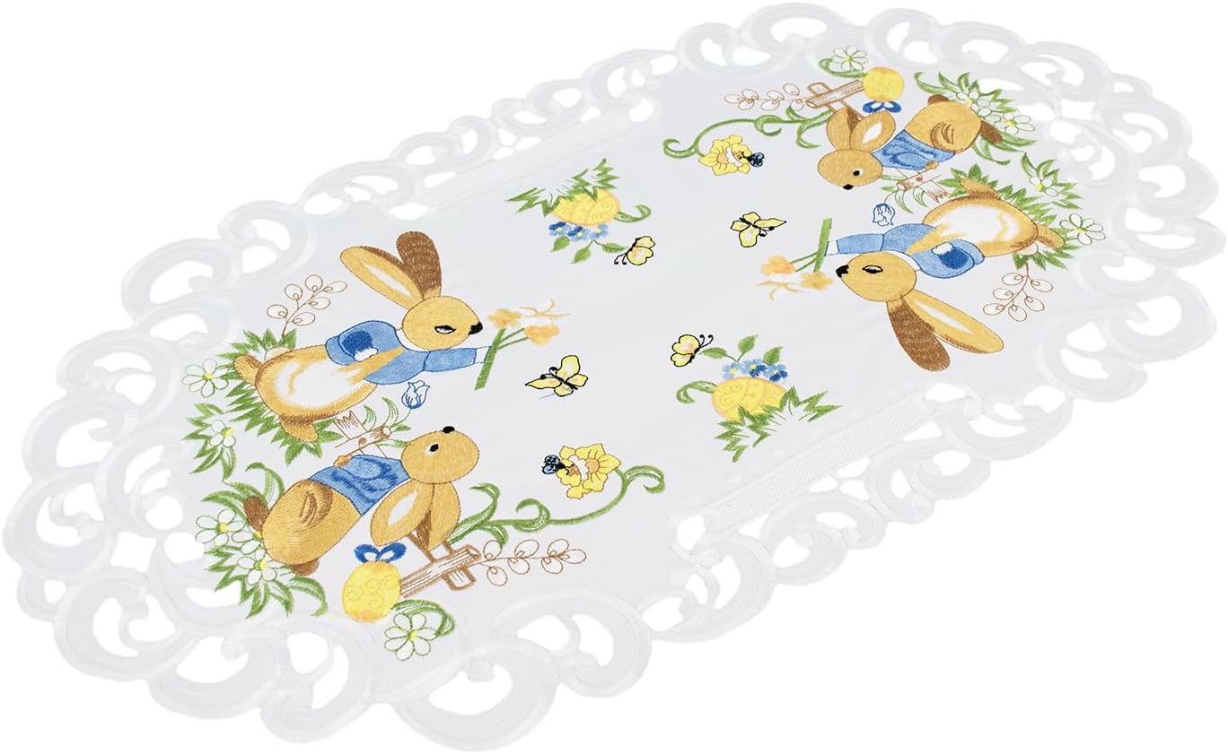 Easter Bunny Table Runner, White Lace Embroidered, Spring Floral Design (14Wx27L)