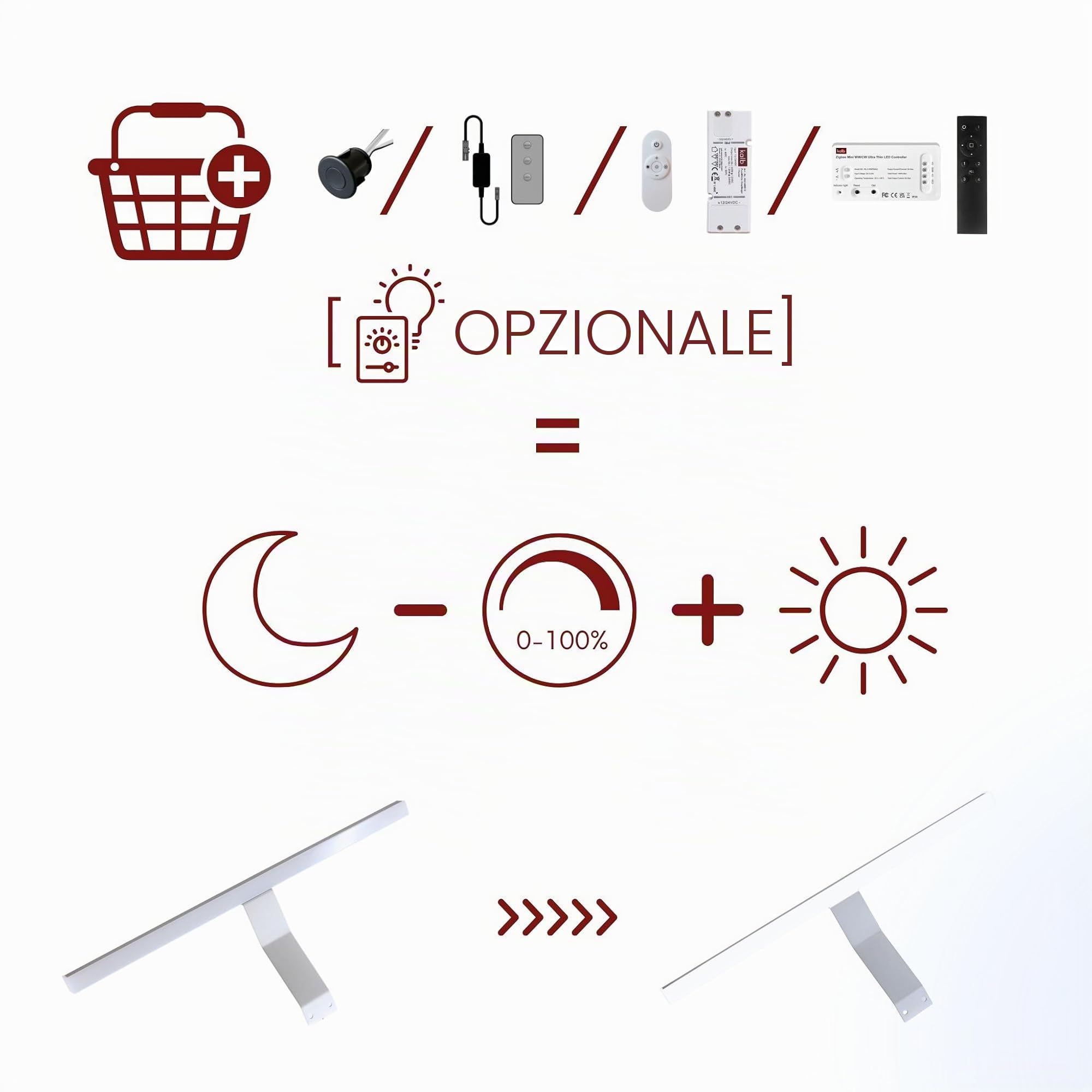 kalb | Lampada LED da specchio a montaggio esterno Lancea 34cm con presa e interruttore, 5000K, 470lm, 230VAC/12VDC, luce da specchio per pensile, argento, bianco freddo
