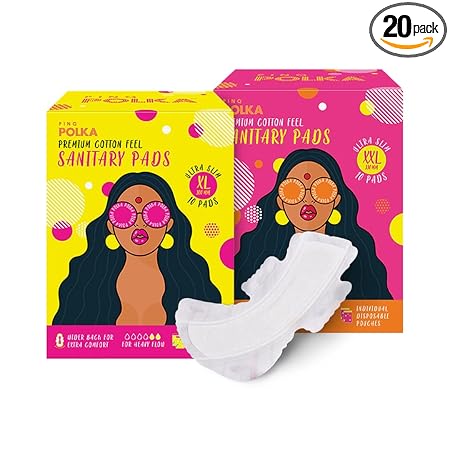 PINQ POLKA Premium I Organic Super Soft Cotton Feel I Rash Free I Ultra Thin Sanitary Pads, 10 XXL for Night and Heavy Flow and 10 XL for Day and Night with Biodegradable Packaging, Pack of 20