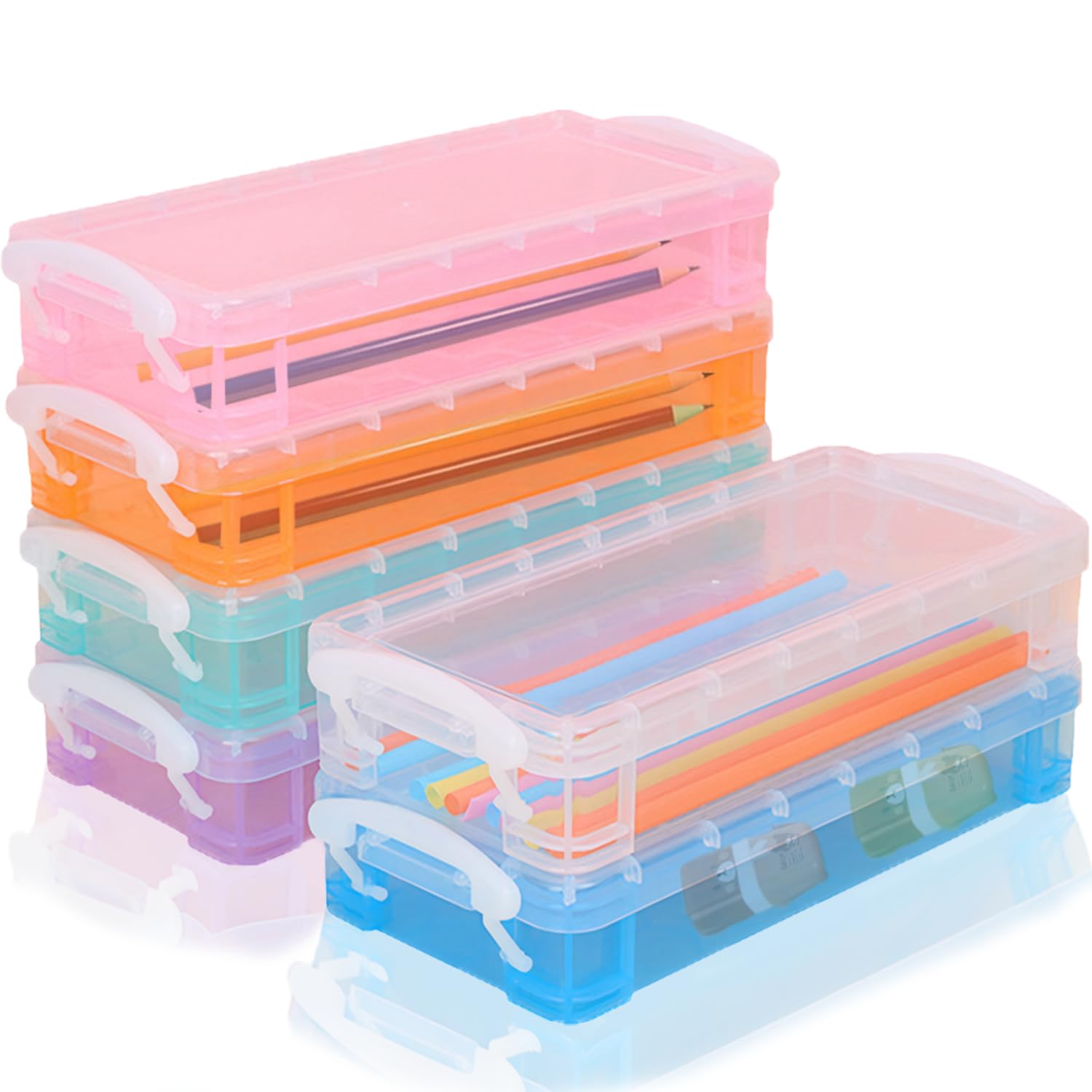 Exquilnova 6PCS Colorful Clear Pencil Case,Stackable Pencil Box with Snap Tight Lid,Plastic Pen Storage for Craft Storage,Portable Pen Organiser for School,Home,Office(Colorful)