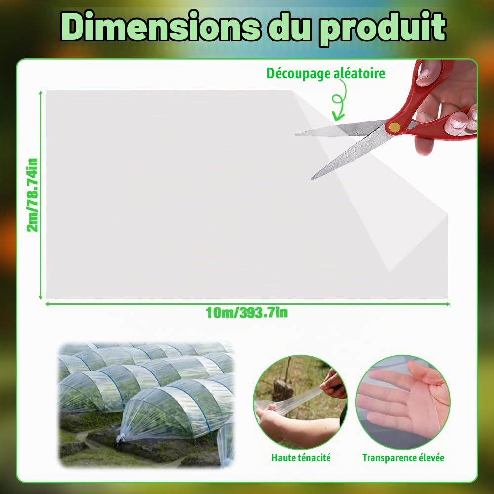 Bache pour Serre, 2 x 10 m Film de Serre Transparent, Bache Plastique pour Serre de Jardin, Extra épaisse Couverture De Polytunnel Membrane Pour Serre de Tomates, Légumes, Plantes