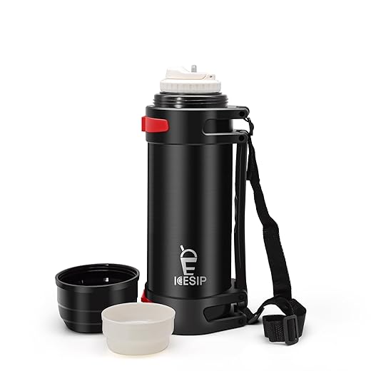 42oz Thermos for Hot Drinks, Coffee Thermos Travel Vacuum Insulated Water Bottle, Stainless Steel Tumbler Large Cup with Handle & Strap for Hot & Cold Drink, 1.2L Black 1pcs