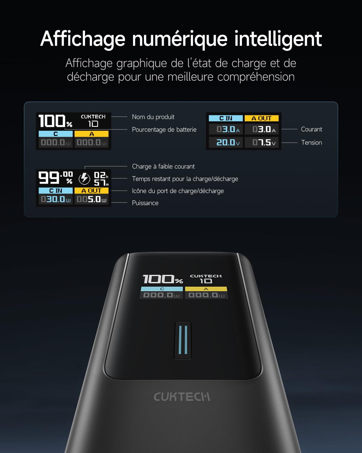 CUKTECH 10 100W 10000mAh Batterie Externe,PD3.0 Rapide Power Bank Écran TFT