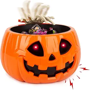 QEQEKAKA Animatronic Halloween Candy Bowl Decorations - Motion Activated Pumpkin Candy Bowl with Creepy Sound, Skull Hand, Glowing Eyes, for Trick or Treat, Indoor Halloween Party Decoration