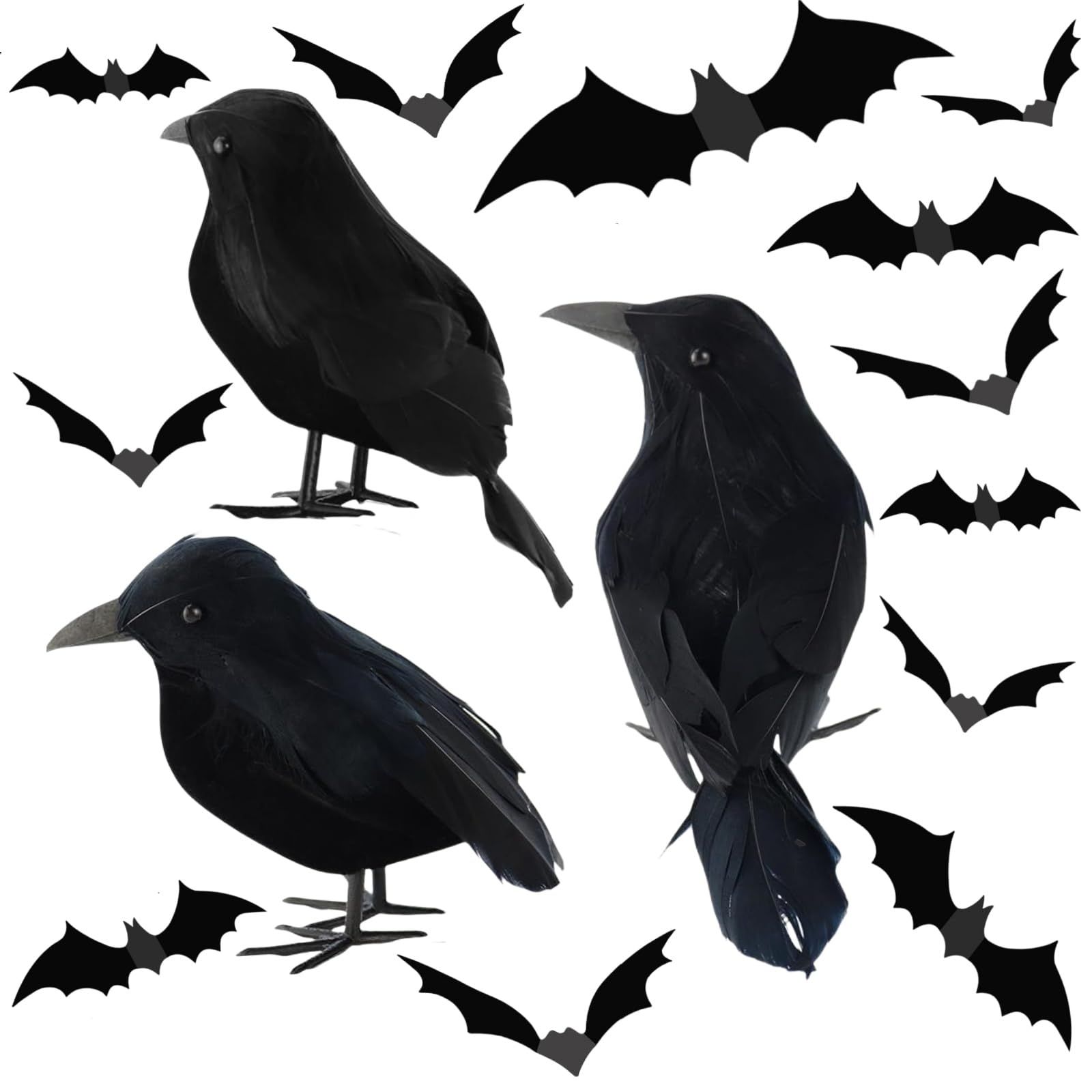 Aelmiyw Black 3Pack Halloween Crows With 12Pcs Halloween Bats Decoration Plastic Bat Wall Stickers, Halloween Ravens Decor, Halloween Decoration Fake Bird, Halloween Ravens Décor Props