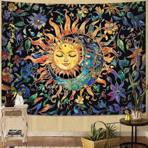 Aipon Sun and Moon Tapestry for Bedroom Boho Hippie Floral Wall Tapestry Aesthetic Vintage Stained...
