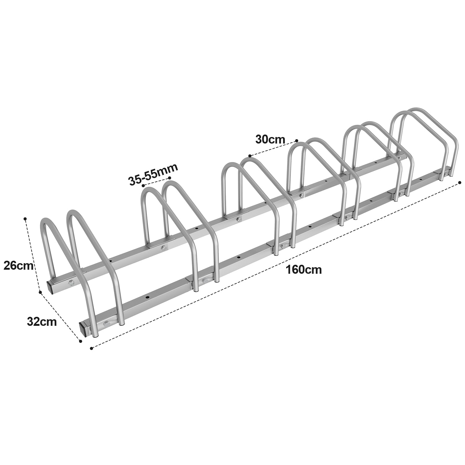 Sonnewelt Fahrradständer für 6 Fahrräder 35-55 mm Reifenbreite,Fahrradständer Bodenparker,Radständer Einfache Montage Fahrradständer Stahl Verzinkt,Fahrrad Ständer Halter 160x32x26cm （Silber）