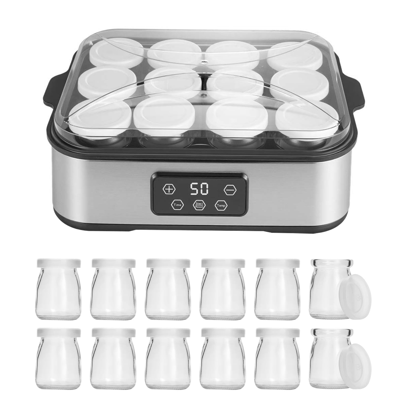 Yogurtiera Elettrica 2200 ml, con 12 × 180 ml Vasetti in Vetro, Macchina Digitale in Acciaio Inox, Yogurt Maker Automatico per Yogurt Fatti in Casa, Formaggio o Natto
