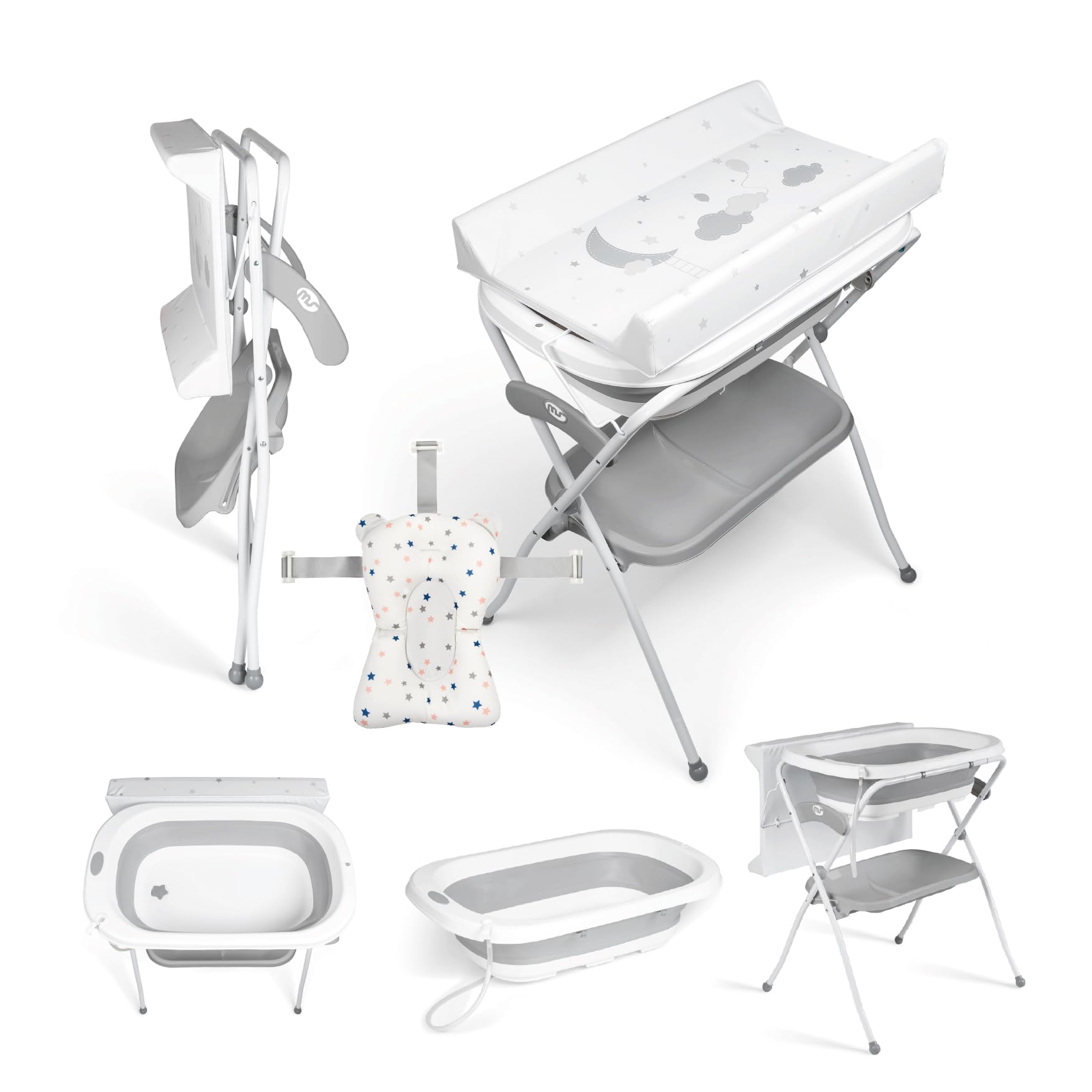 Ms BabyWorld ZOE - Bañera Bebe con Patas, Cambiador, Cojín Reductor y Cesta Portaobjetos - Comoda, Facil de Guardar, con Tapón y Patas Antideslizantes - Bañera Bebé Plegable y Portatil (Gris)