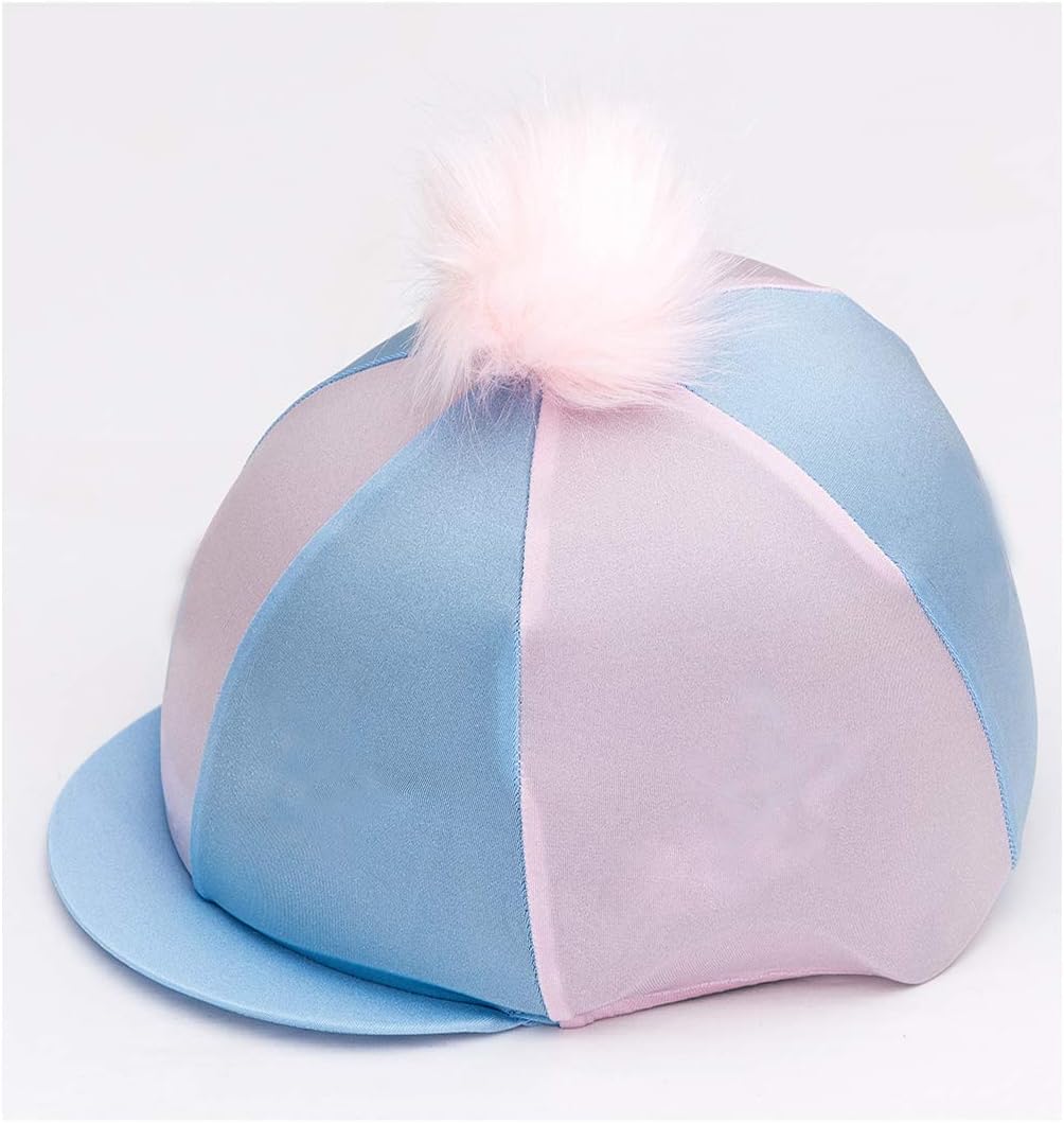 Luvponies Personalised Blue and Pink Riding Hat Cover with Fluffy Pom Pom